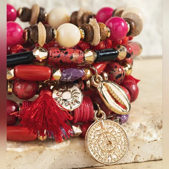 Red Boho Chic Multi Layered Stretch Bracelet w Golden Seashell & Coin Charms - Picture 2 of 6